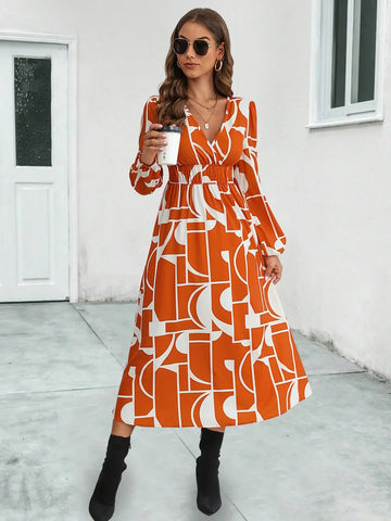 Skinny Summer Women Midi Dress 2024 New V-Neck Full Lantern Sleeve Print High Waist A-line Midi Dress