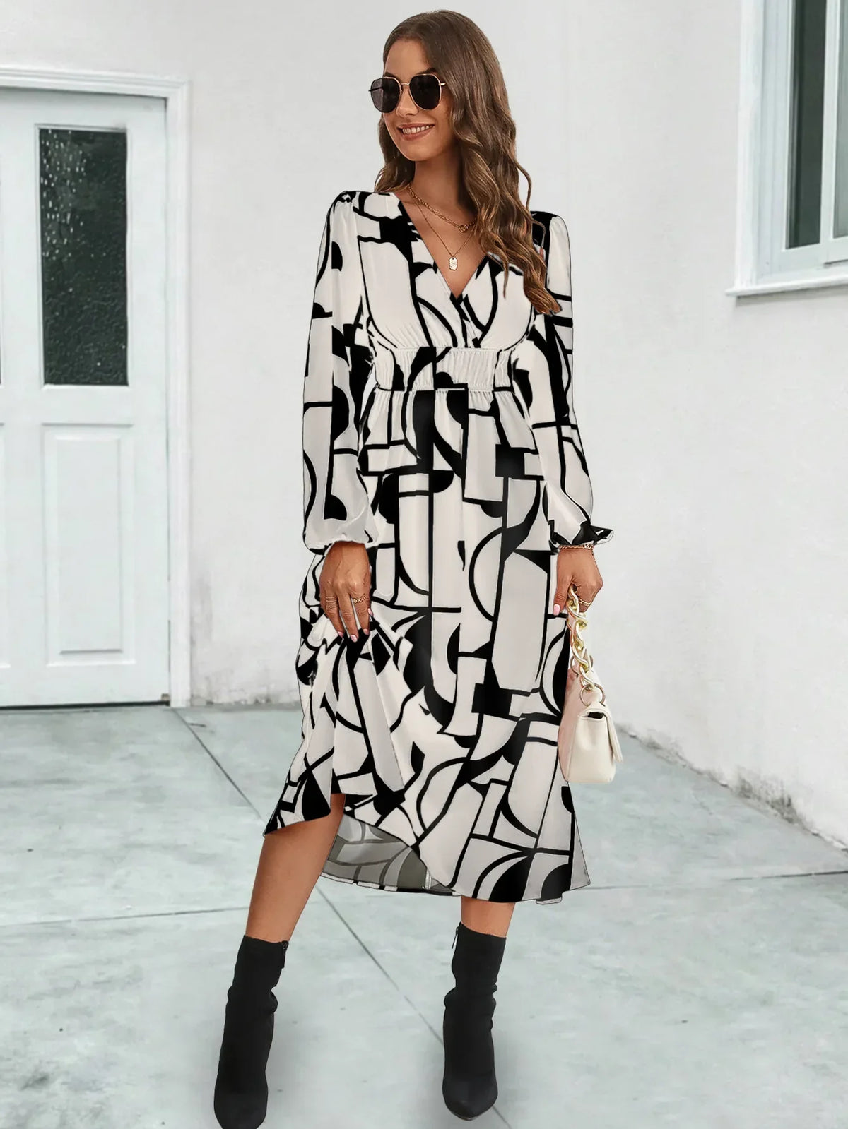 Skinny Summer Women Midi Dress 2024 New V-Neck Full Lantern Sleeve Print High Waist A-line Midi Dress