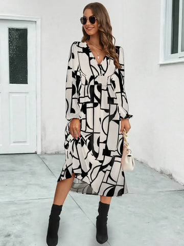 Skinny Summer Women Midi Dress 2024 New V-Neck Full Lantern Sleeve Print High Waist A-line Midi Dress