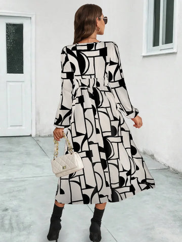 Skinny Summer Women Midi Dress 2024 New V-Neck Full Lantern Sleeve Print High Waist A-line Midi Dress