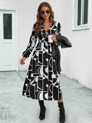 Skinny Summer Women Midi Dress 2024 New V-Neck Full Lantern Sleeve Print High Waist A-line Midi Dress