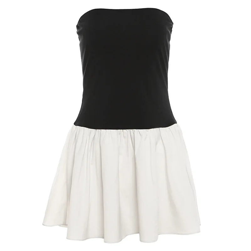 Skinny Patchwork Bra Summer Women's 2024 New Contrasting Pleated Mini Dress