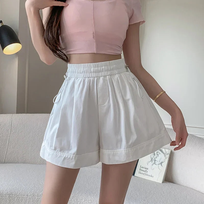 Solid Color A-line High Waist Elastic Loose Shorts