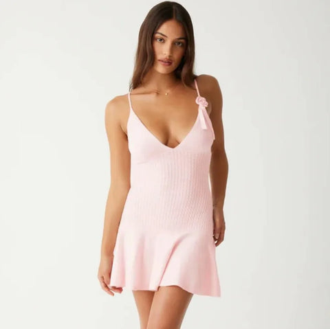 Spring Appliques Knitted Sexy Spaghetti Strap Sleeveless Elegant Backless Party 2024 Club Outfits Mini Dress