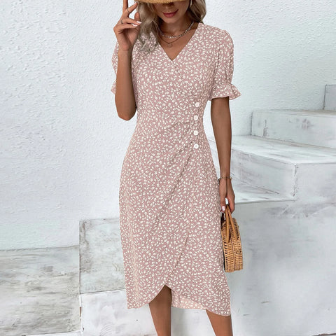 Beach Floral Print Boho Ruffles Wrap V-neck Party Midi Dress