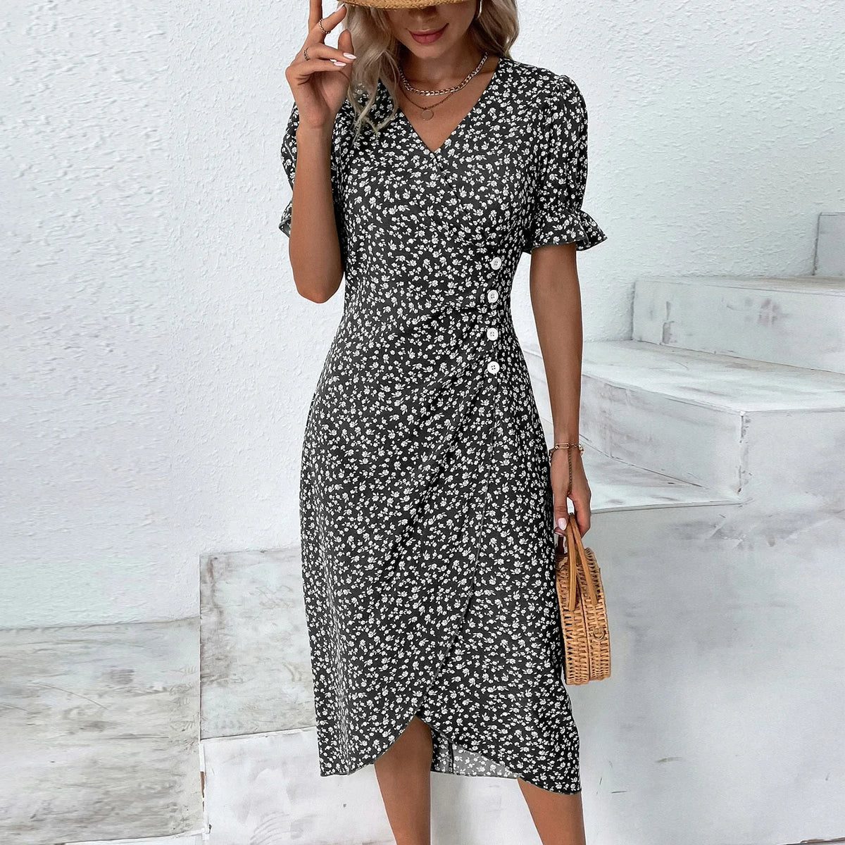 Beach Floral Print Boho Ruffles Wrap V-neck Party Midi Dress