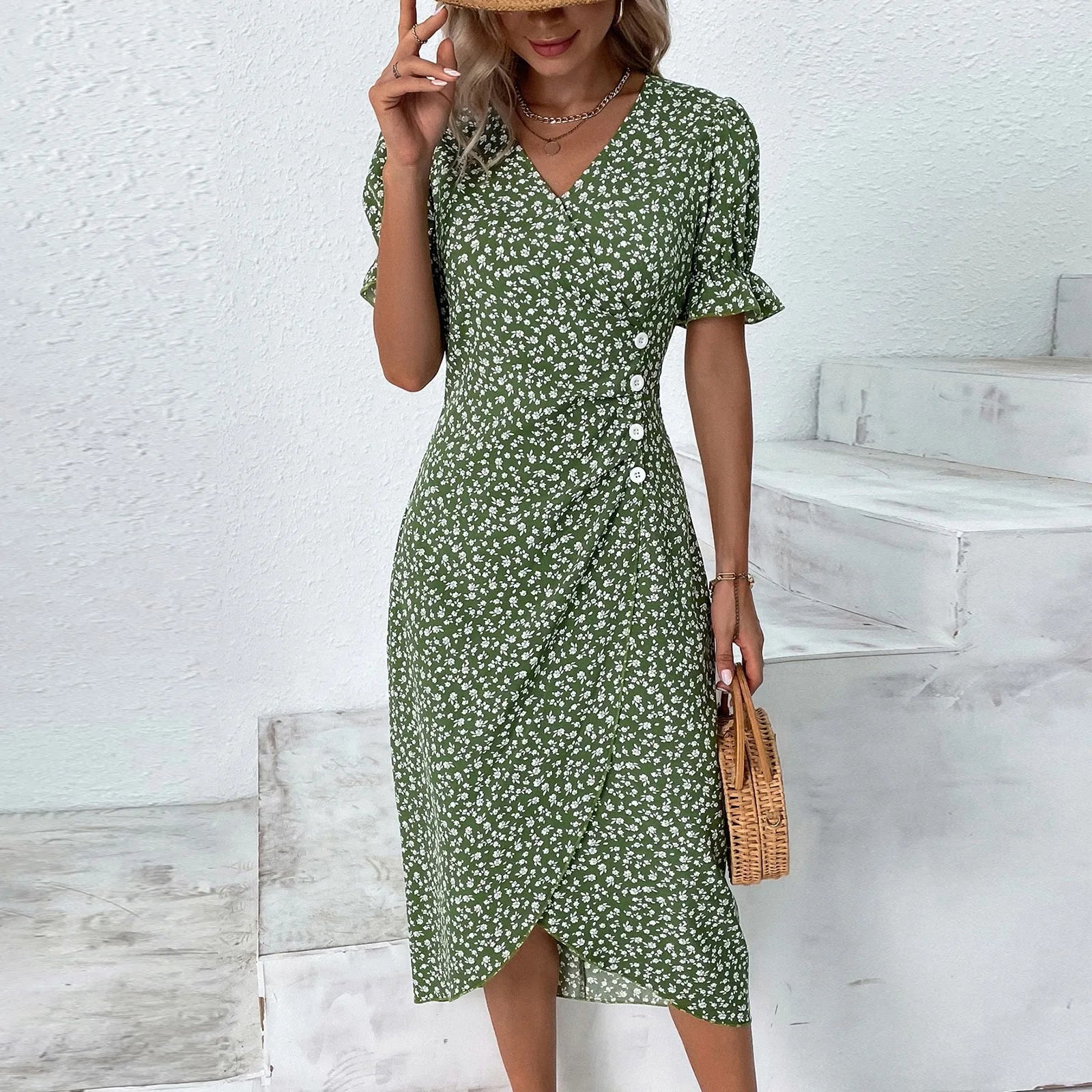 Beach Floral Print Boho Ruffles Wrap V-neck Party Midi Dress