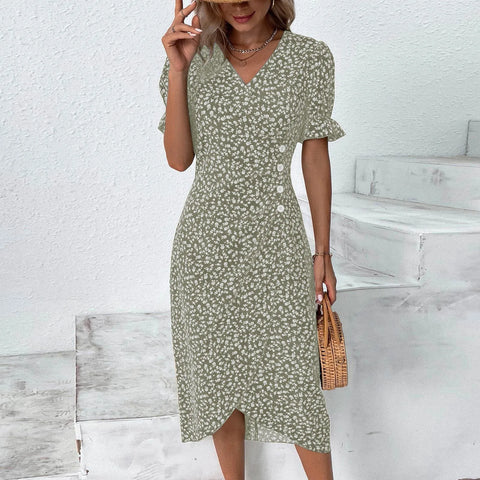 Beach Floral Print Boho Ruffles Wrap V-neck Party Midi Dress