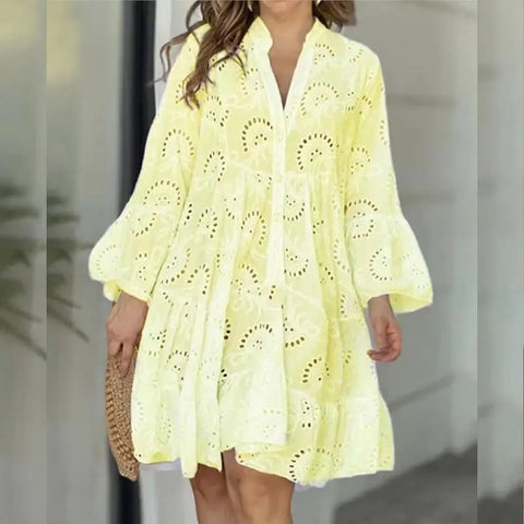 Summer Casual Women Lace Elegant V-neck Loose Hollow Embroidery White Vintage Mini Lace Dress