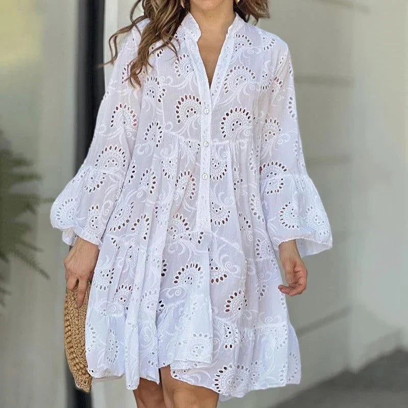 Summer Casual Women Lace Elegant V-neck Loose Hollow Embroidery White Vintage Mini Lace Dress