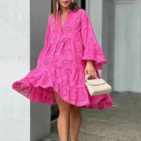 Summer Casual Women Lace Elegant V-neck Loose Hollow Embroidery White Vintage Mini Lace Dress