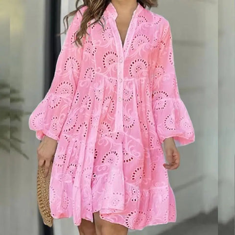 Summer Casual Women Lace Elegant V-neck Loose Hollow Embroidery White Vintage Mini Lace Dress