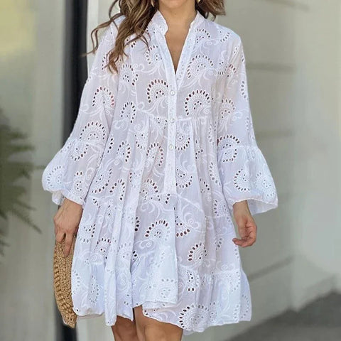 Summer Casual Women Lace Elegant V-neck Loose Hollow Embroidery White Vintage Mini Lace Dress