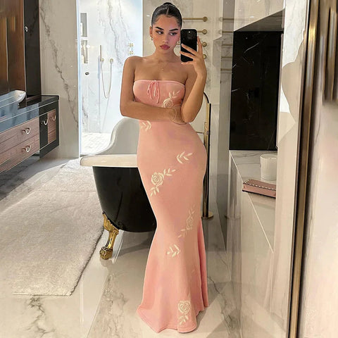 Summer Embroidery Long Sexy Strapless Sleeveless Bodycon Fashion Solid Party Dresses Maxi Dress
