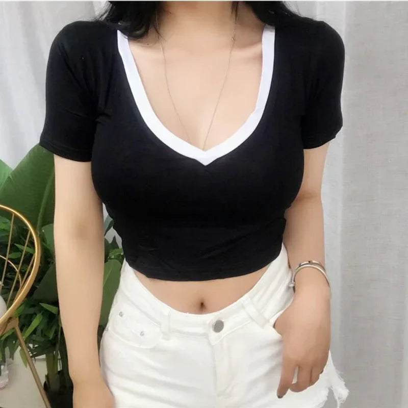 Solid V Neck Sexy Crop Tops Casual Short Sleeve Tee