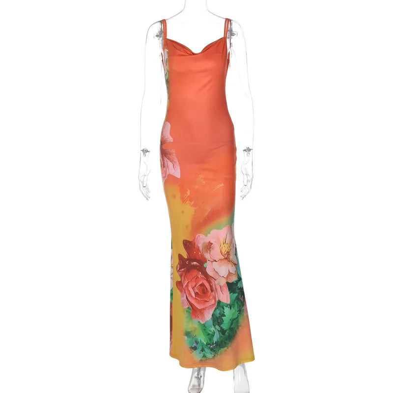 Summer Floral Sexy Spaghetti Straps Backless Evening Maxi Dress