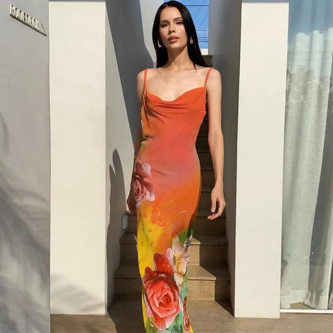 Summer Floral Sexy Spaghetti Straps Backless Evening Maxi Dress