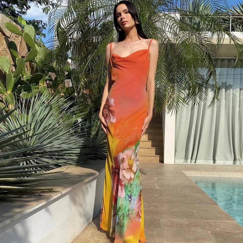 Summer Floral Sexy Spaghetti Straps Backless Evening Maxi Dress