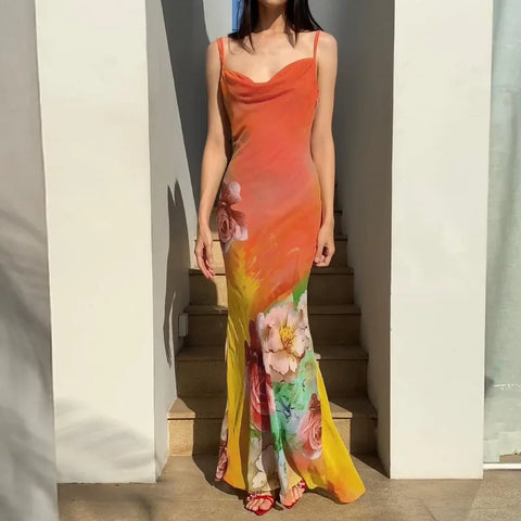 Summer Floral Sexy Spaghetti Straps Backless Evening Maxi Dress