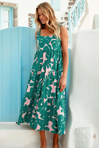 Pleated Beach for Women Holiday Strap A- Line Floral Printed Long Maxi Dress