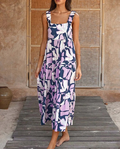 Pleated Beach for Women Holiday Strap A- Line Floral Printed Long Maxi Dress