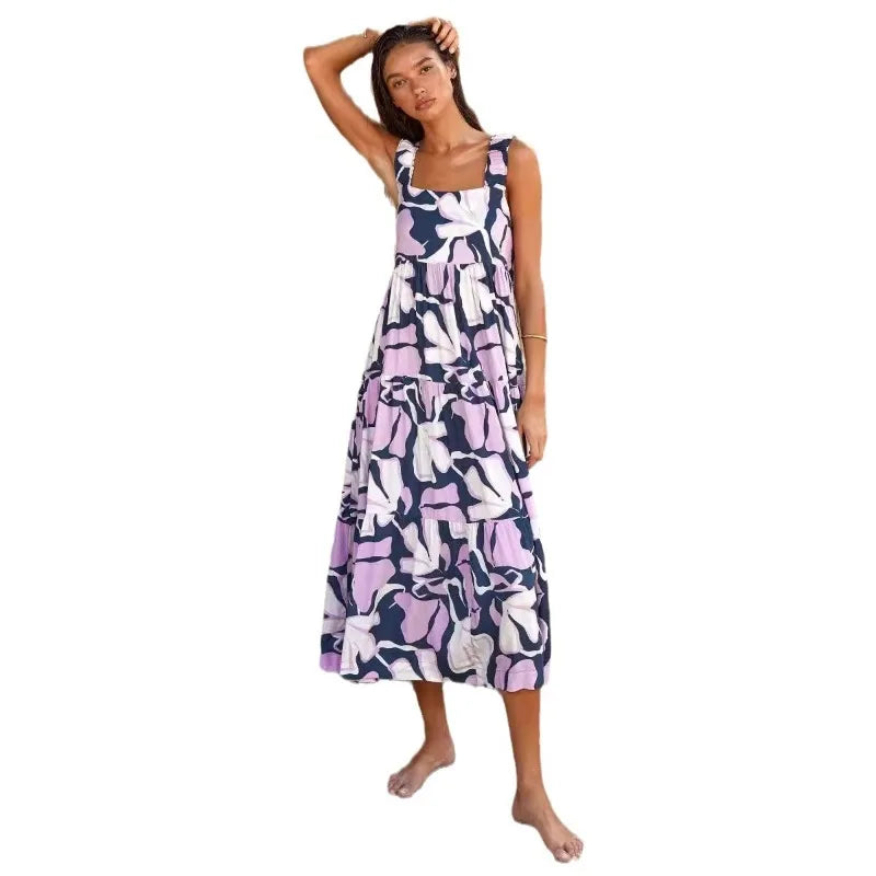 Pleated Beach for Women Holiday Strap A- Line Floral Printed Long Maxi Dress