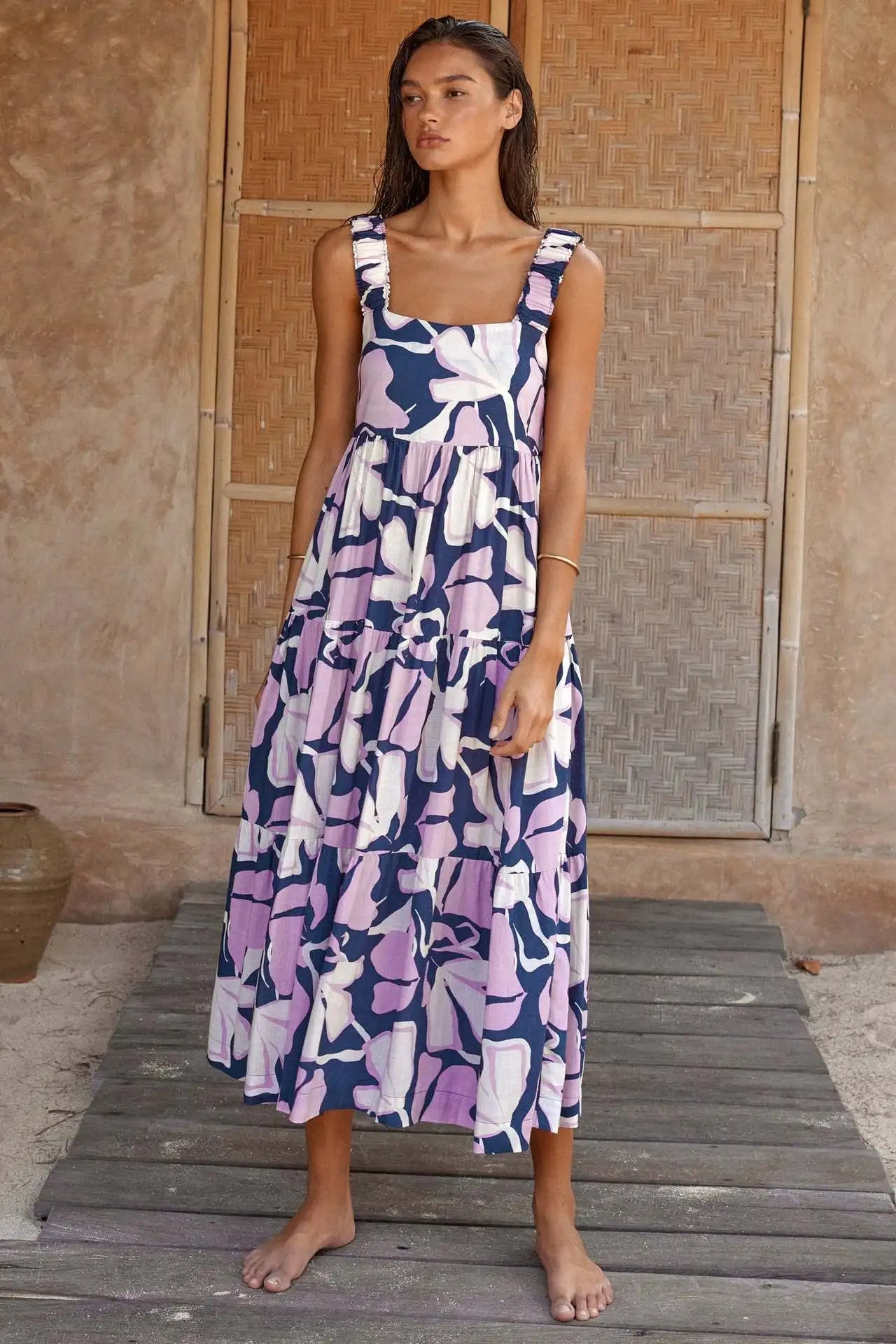 Pleated Beach for Women Holiday Strap A- Line Floral Printed Long Maxi Dress