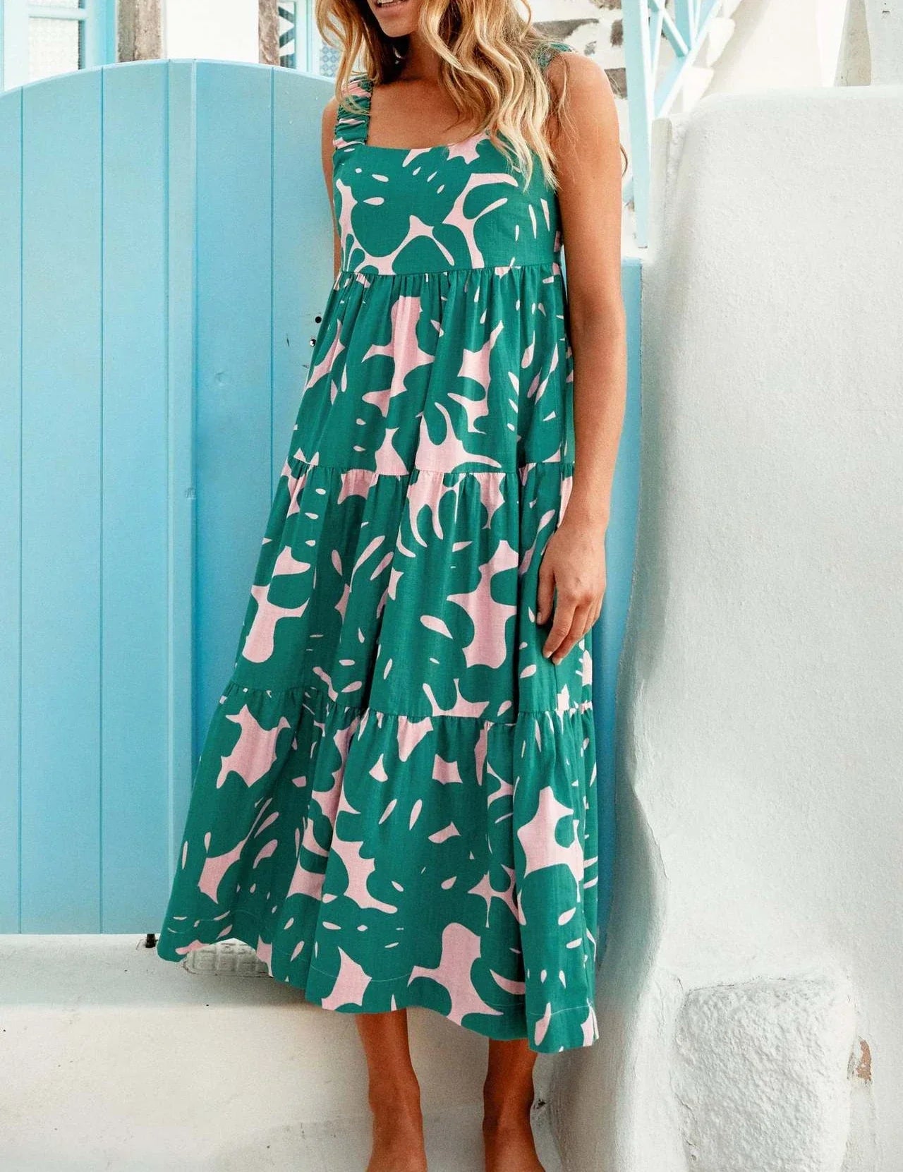 Pleated Beach for Women Holiday Strap A- Line Floral Printed Long Maxi Dress