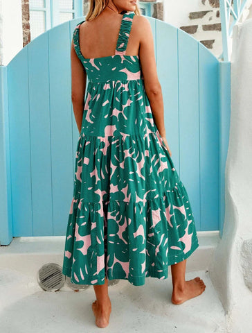 Pleated Beach for Women Holiday Strap A- Line Floral Printed Long Maxi Dress