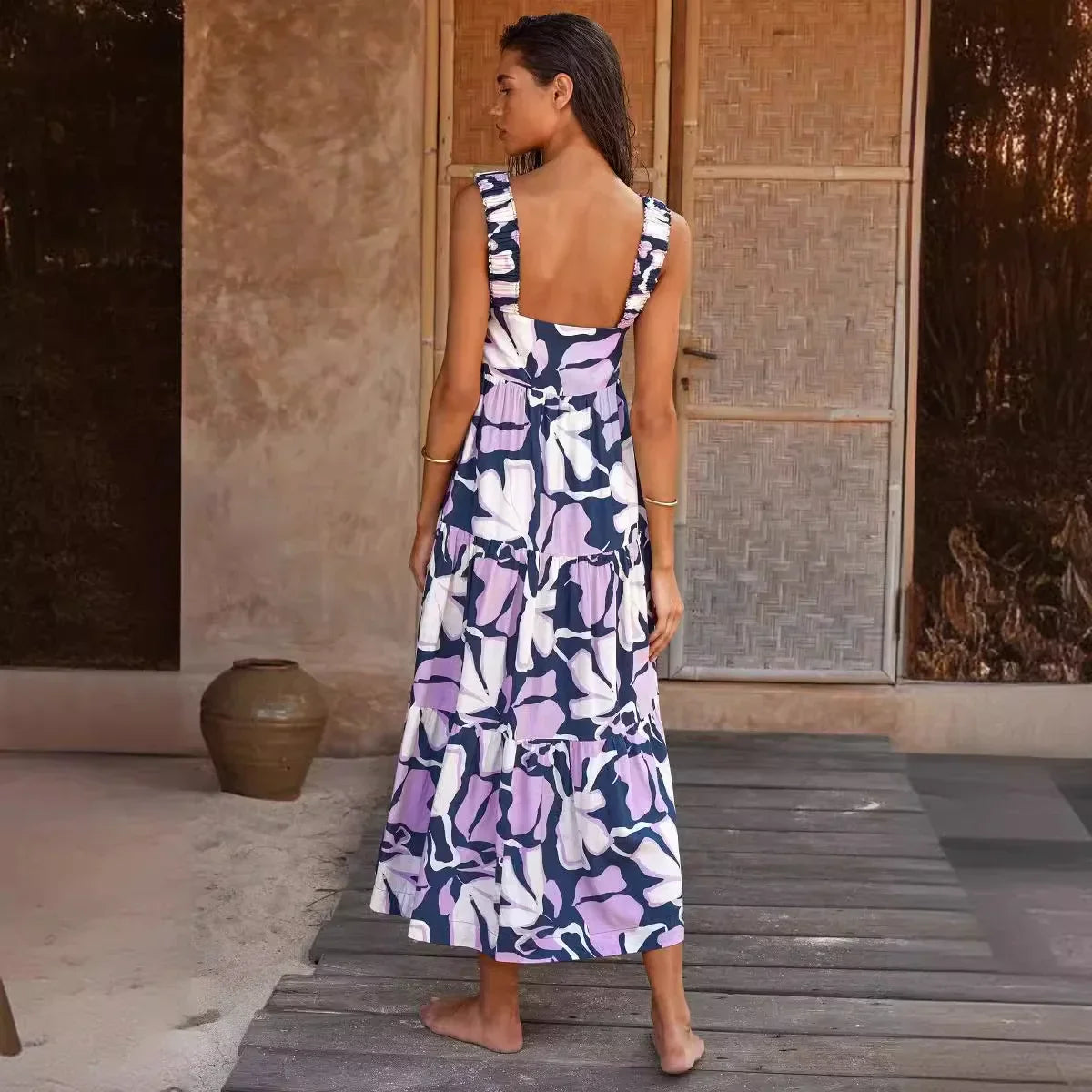 Pleated Beach for Women Holiday Strap A- Line Floral Printed Long Maxi Dress
