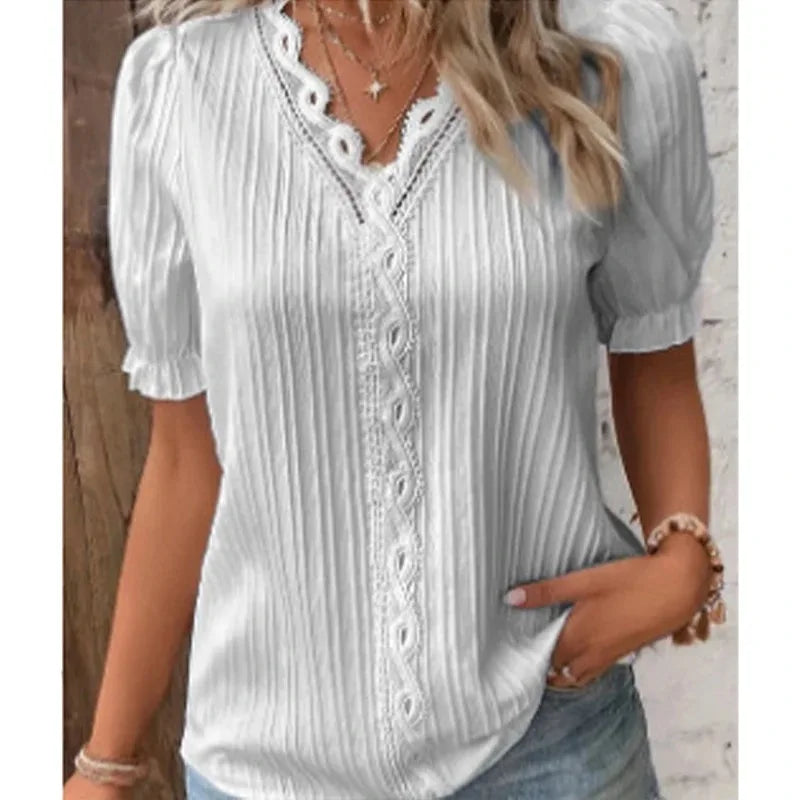 Summer V Neck Lace Short Pullover Elegant Blouse