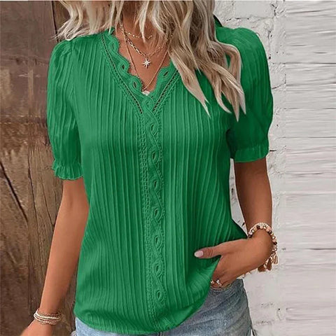 Summer V Neck Lace Short Pullover Elegant Blouse