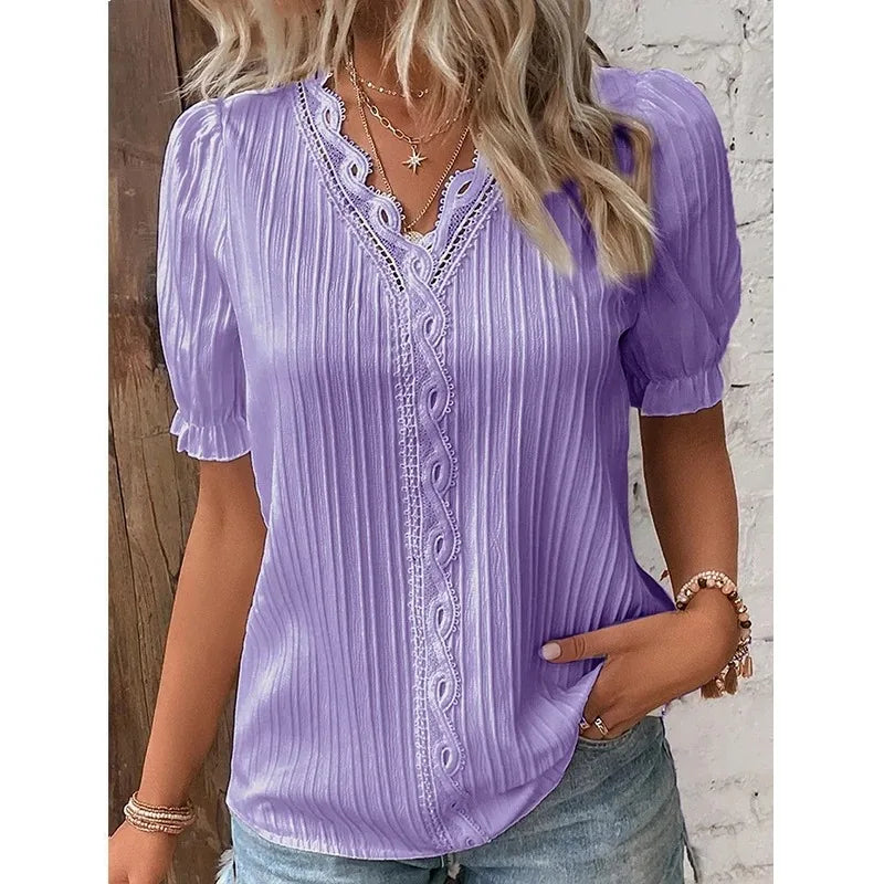 Summer V Neck Lace Short Pullover Elegant Blouse