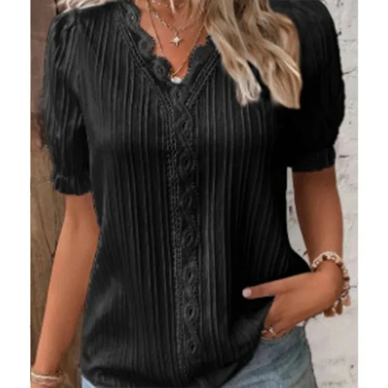 Summer V Neck Lace Short Pullover Elegant Blouse