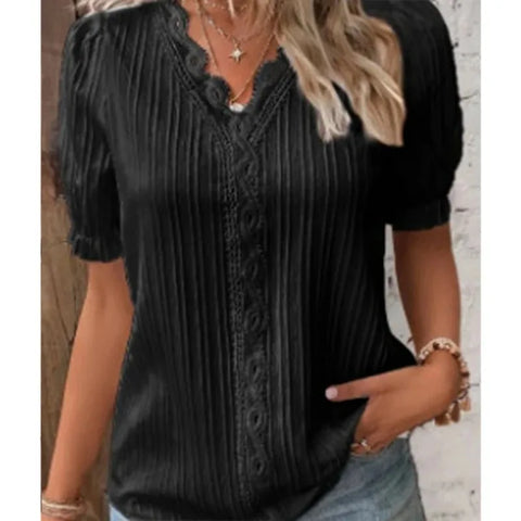 Summer V Neck Lace Short Pullover Elegant Blouse