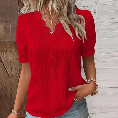 Summer V Neck Lace Short Pullover Elegant Blouse