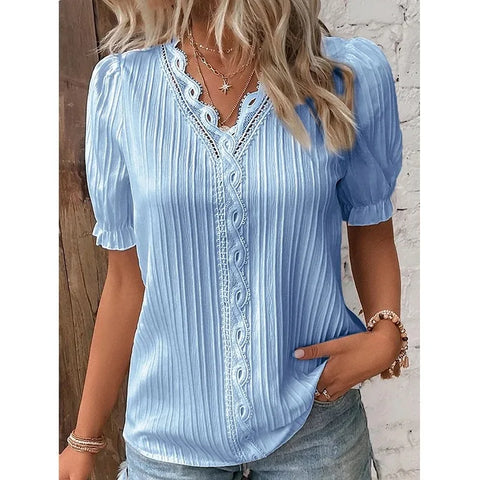 Summer V Neck Lace Short Pullover Elegant Blouse