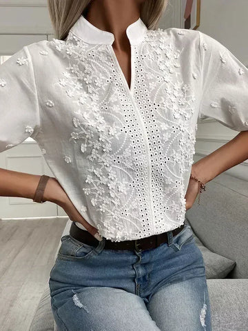 Summer Casual White Floral Eyelet Daily Tops Blouse