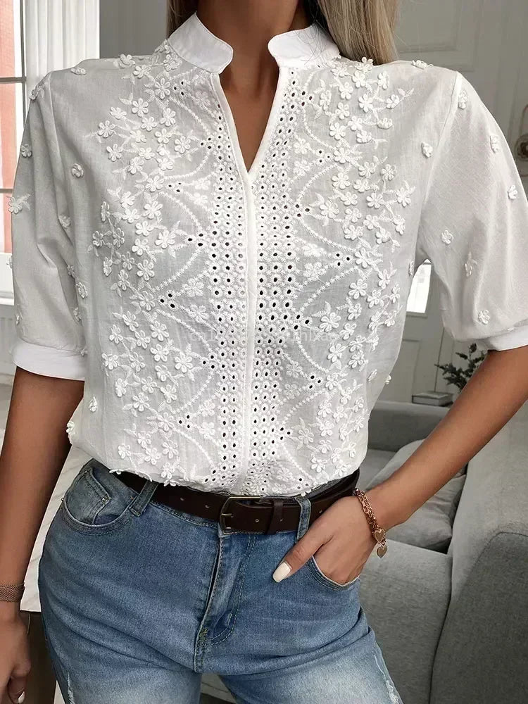 Summer Casual White Floral Eyelet Daily Tops Blouse