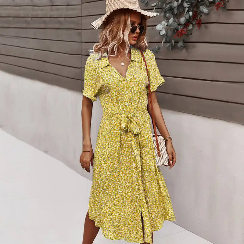 Boho Chic Floral Print Button V-Neck Casual Summer Midi Dress