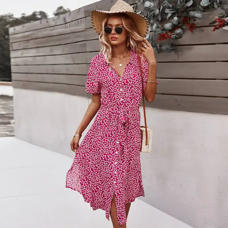 Boho Chic Floral Print Button V-Neck Casual Summer Midi Dress