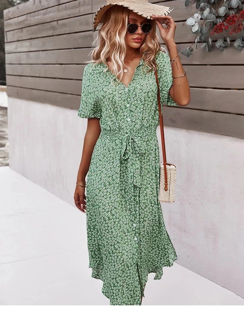 Boho Chic Floral Print Button V-Neck Casual Summer Midi Dress