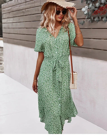 Boho Chic Floral Print Button V-Neck Casual Summer Midi Dress