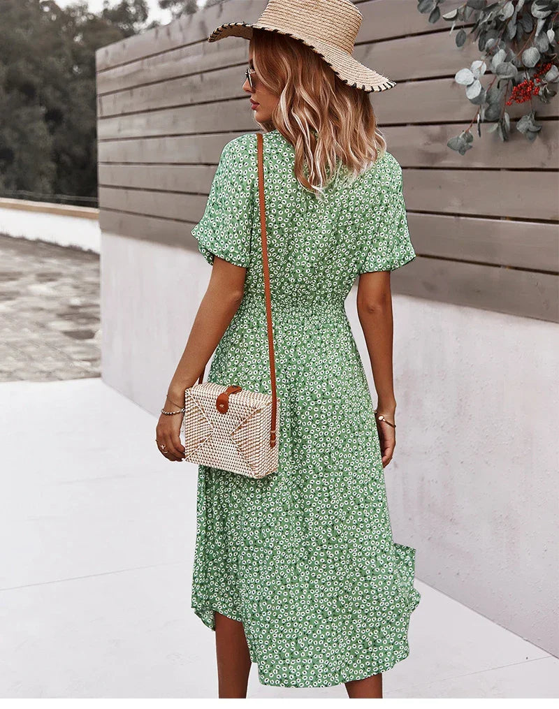 Boho Chic Floral Print Button V-Neck Casual Summer Midi Dress