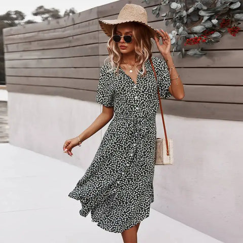 Boho Chic Floral Print Button V-Neck Casual Summer Midi Dress