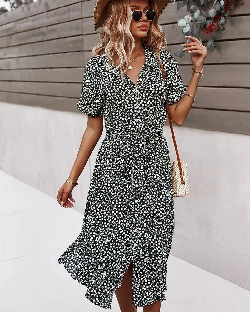 Boho Chic Floral Print Button V-Neck Casual Summer Midi Dress