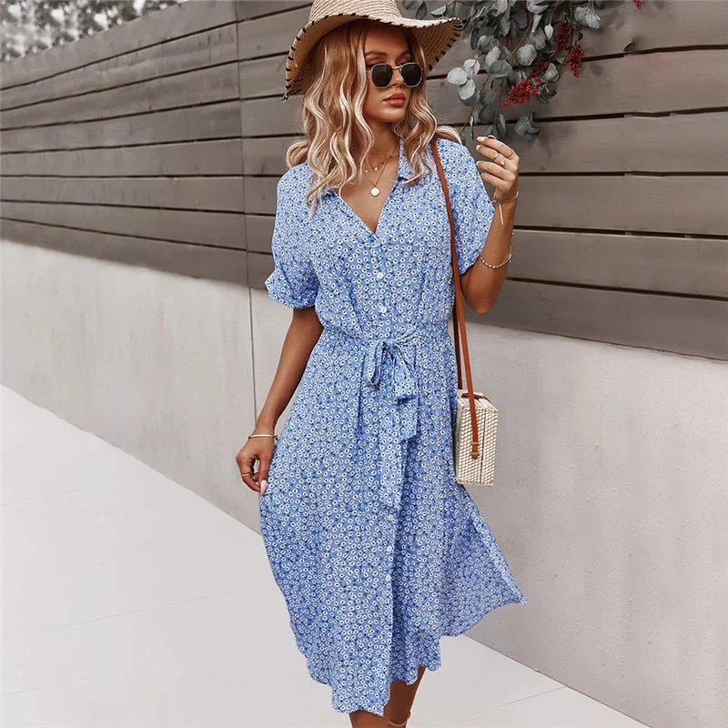 Boho Chic Floral Print Button V-Neck Casual Summer Midi Dress