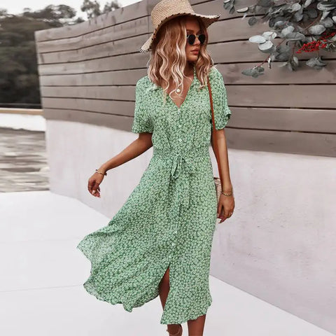 Boho Chic Floral Print Button V-Neck Casual Summer Midi Dress