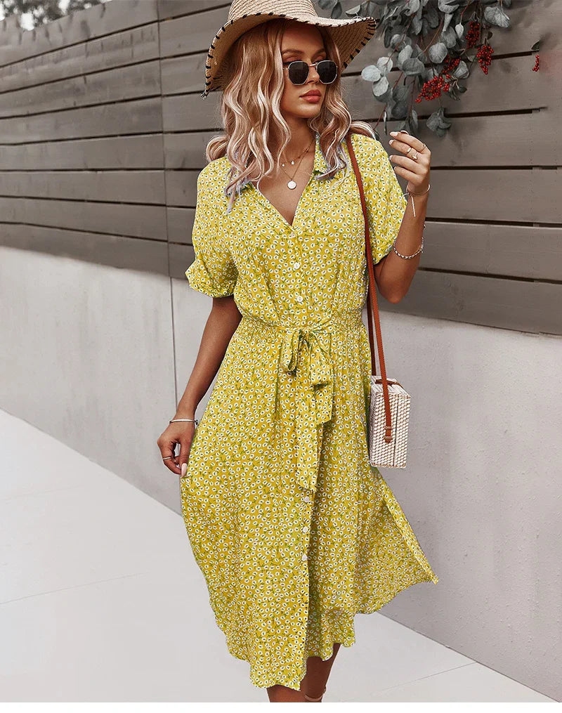 Boho Chic Floral Print Button V-Neck Casual Summer Midi Dress