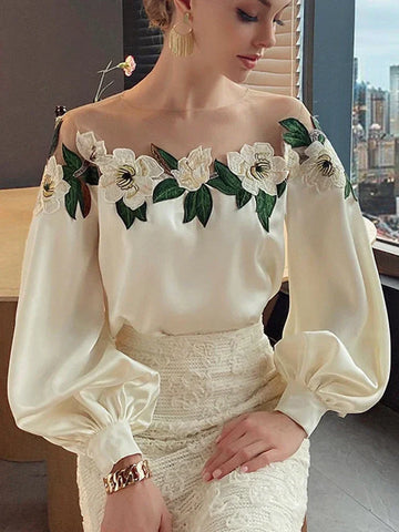 Summer Long Mesh Satin Embroidered Blouse